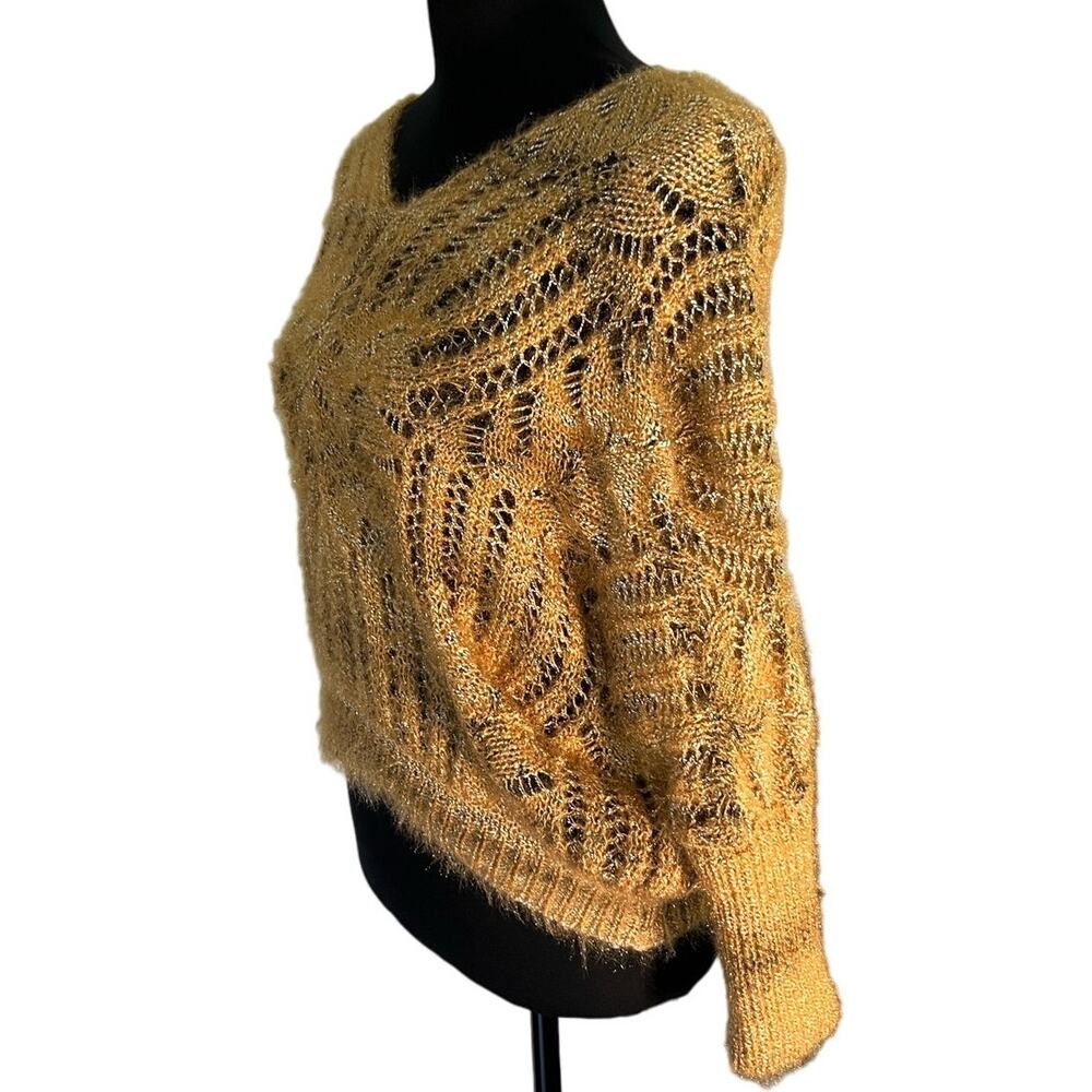 Cellabie Mustard Yellow Open Knit Cropped Sweater One Size Boho Festival Y2K - Picture 3 of 11